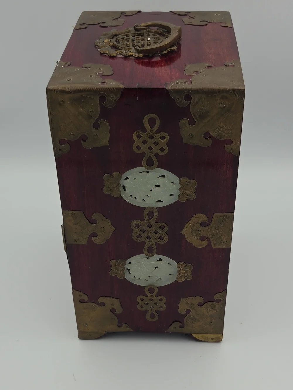 Wood & Brass Jewelry Chest Post 1940 with Jade Inlay - Red